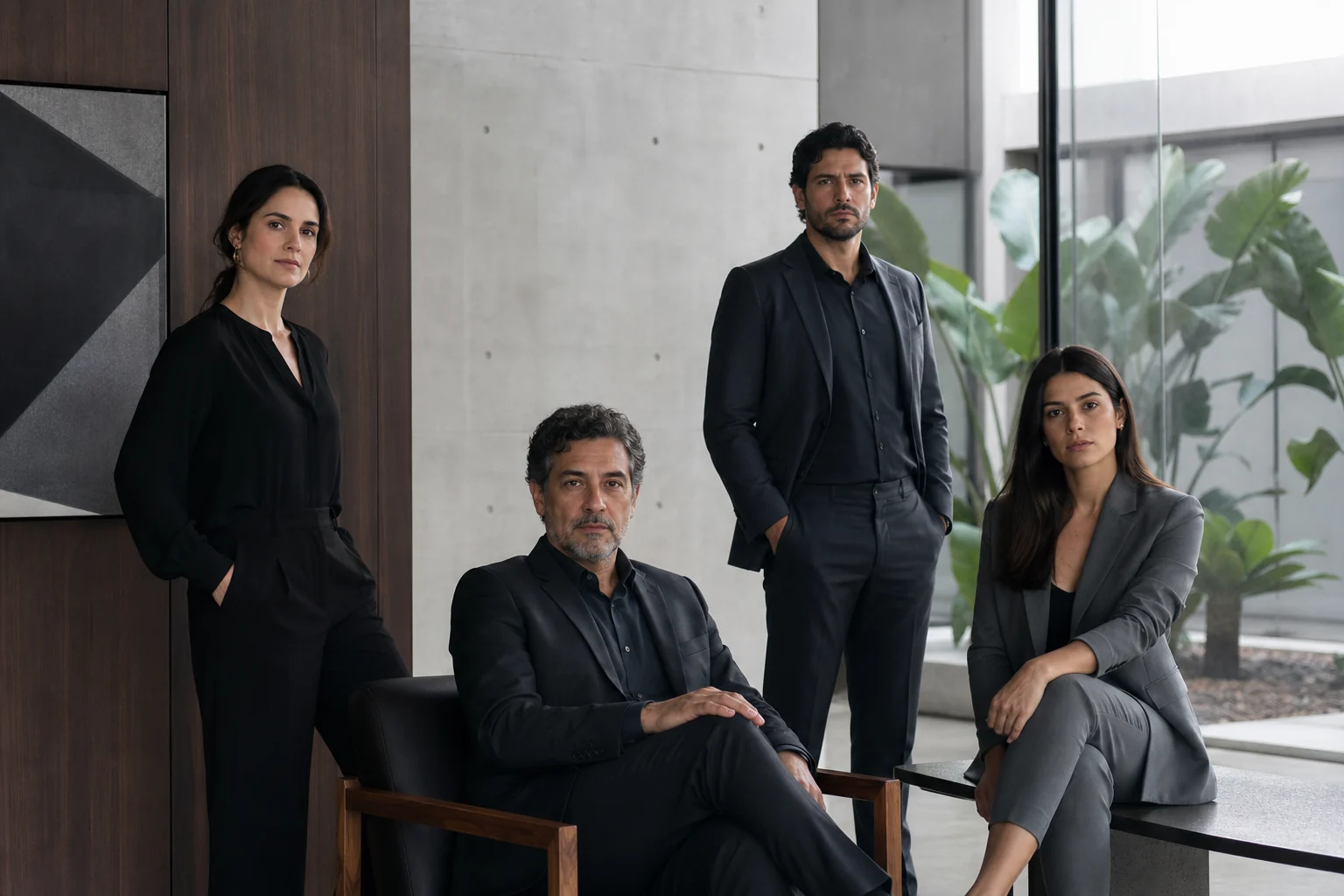 Equipe fictícia da Advocacia Silva em ambiente modernista